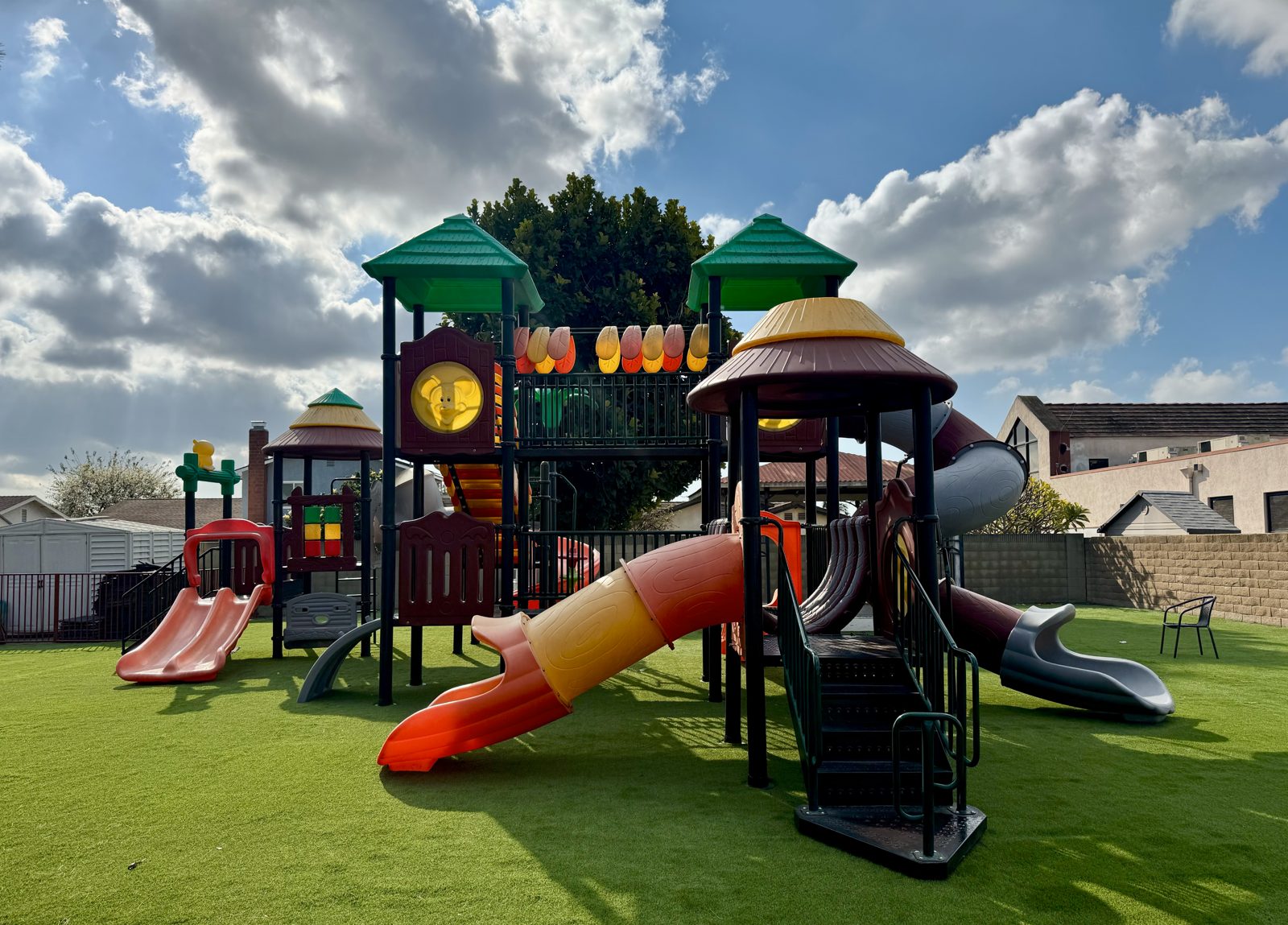 Playground with slides and climbing structures